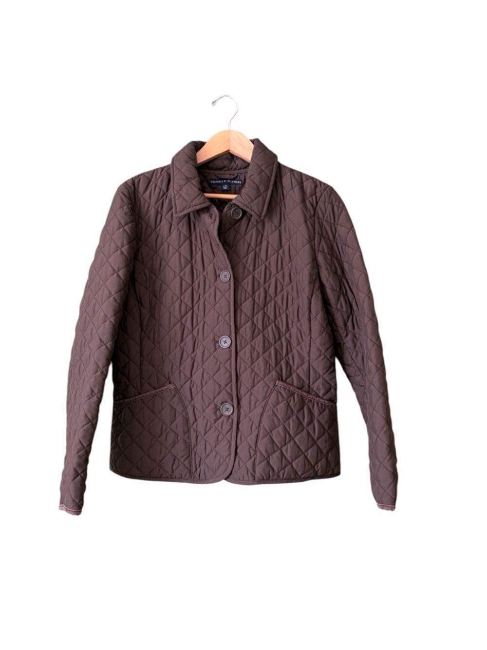 Tommy Hilfiger Quilted Brown Button-Front Corduroy Trim Jacket Sz L